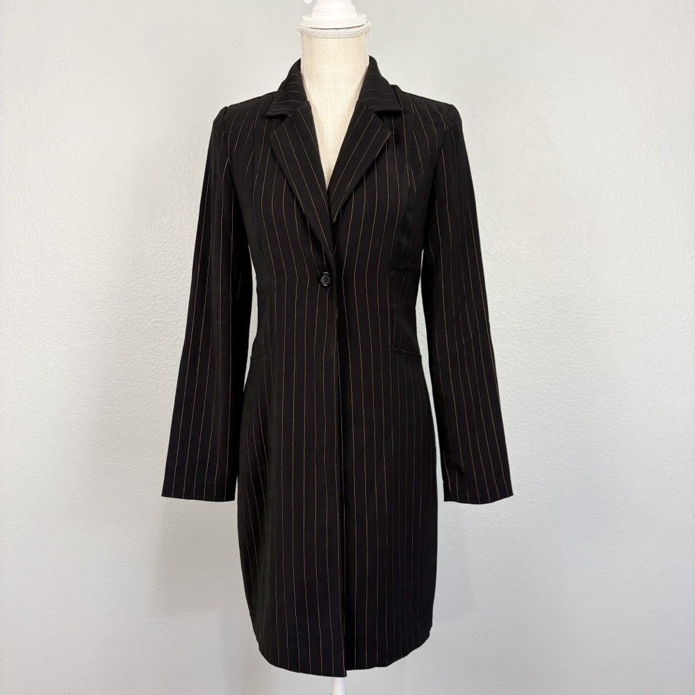 VTG VITTORIA VERANI Longline Pinstripe Blazer Jacket Black Gold Sz 3 Workwear